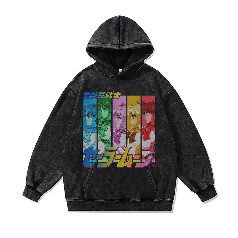 Japanese Dark Cartoon Digital Direct Injection Printing Hoodie Retro 430G Pure Cotton Loose Wash Sweater Men