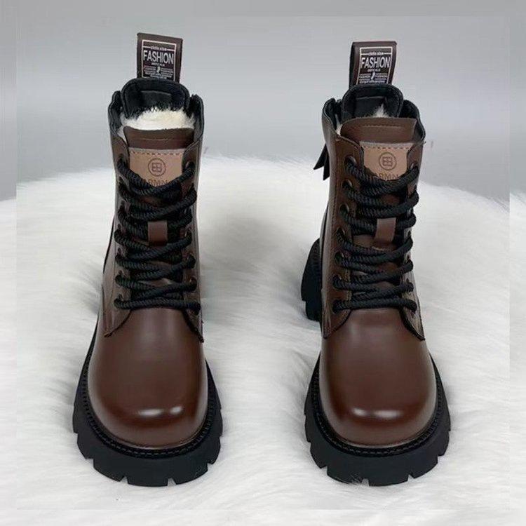 Versatile retro soft leather Martin boots for women 2025 winter new British style soft leather thick-soled mid-heeled locomotive short boots for women