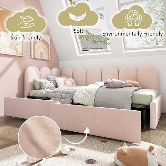Upholstered Bed Upholstery Single with 2 Drawers Storage Space Slatted Frame Youth Adult Cot Pink (without Mattress) Teenager