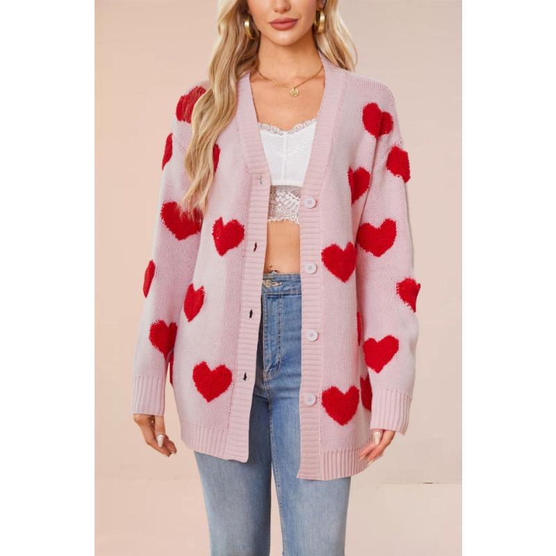 

New Valentine s Day love knitted cardigan V-neck button medium and long coat for women S