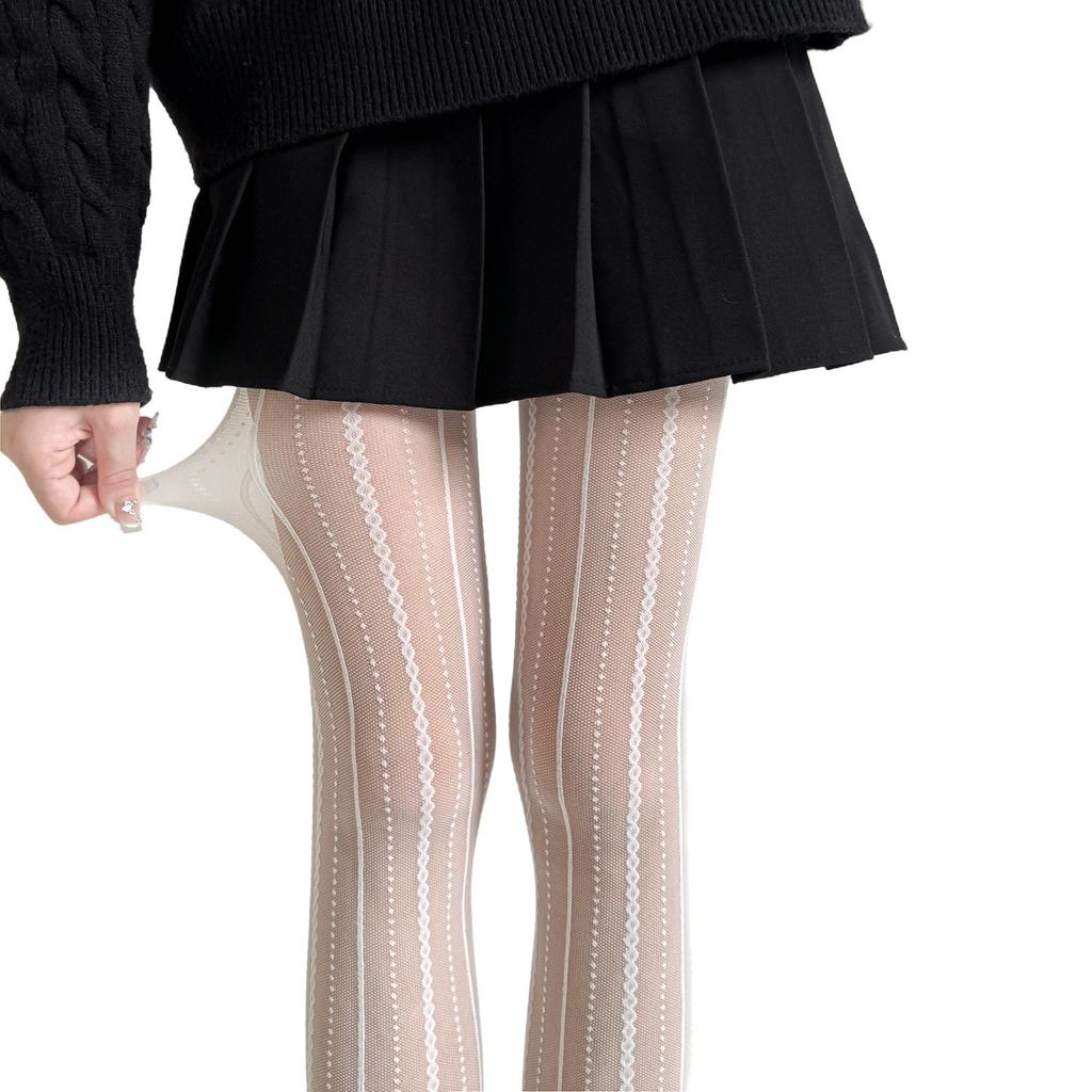 French Retro Elegant Lace Gray Stockings Women'S Ultra-Thin Summer Vertical Striped Bead Chain Jacquard Lolita Pantyhose