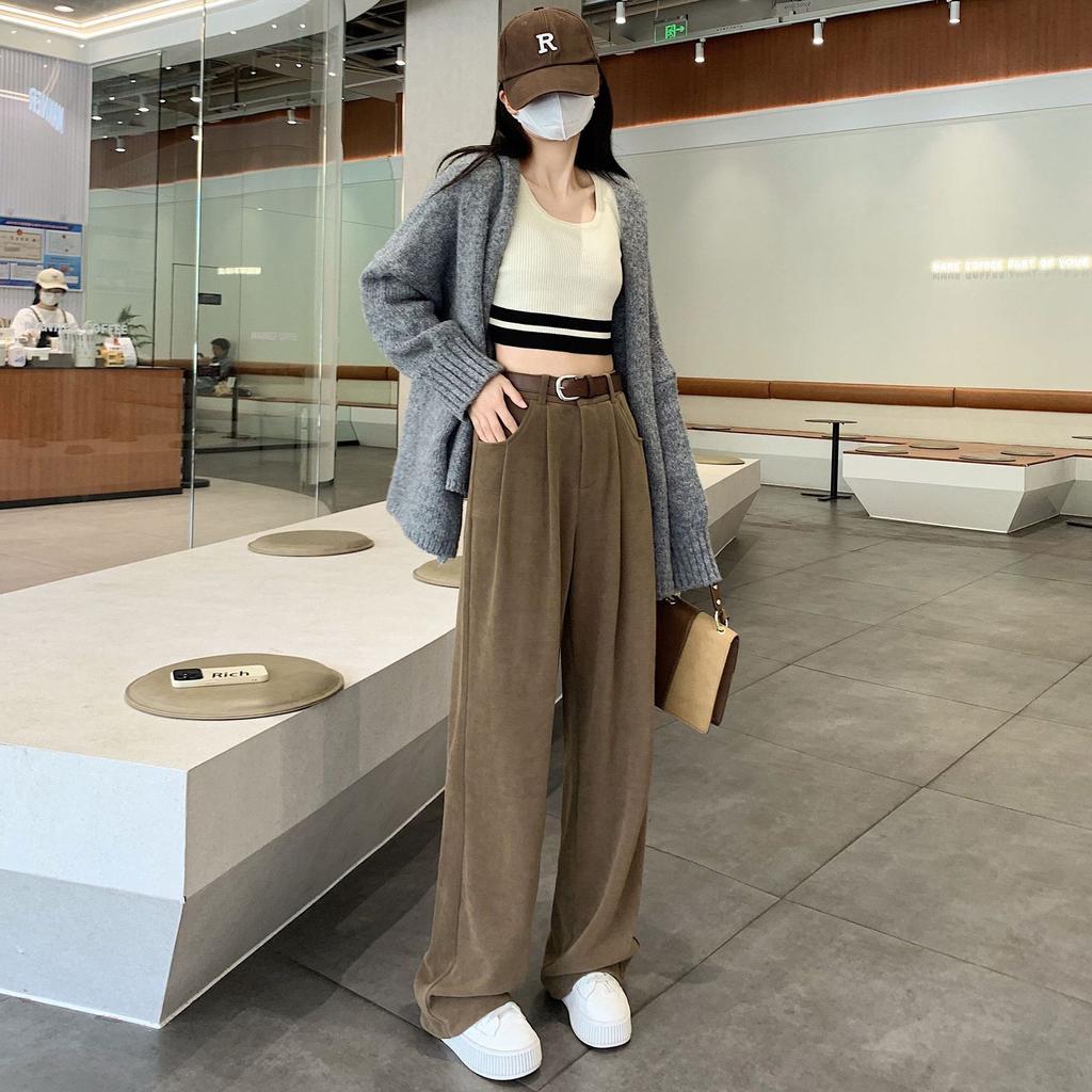 Fashion High Waist Women Retro Corduroy Pants Fall Wide Leg Causal Loose Trousers Vintage Wine Red Pockets All Match Sweatpants
