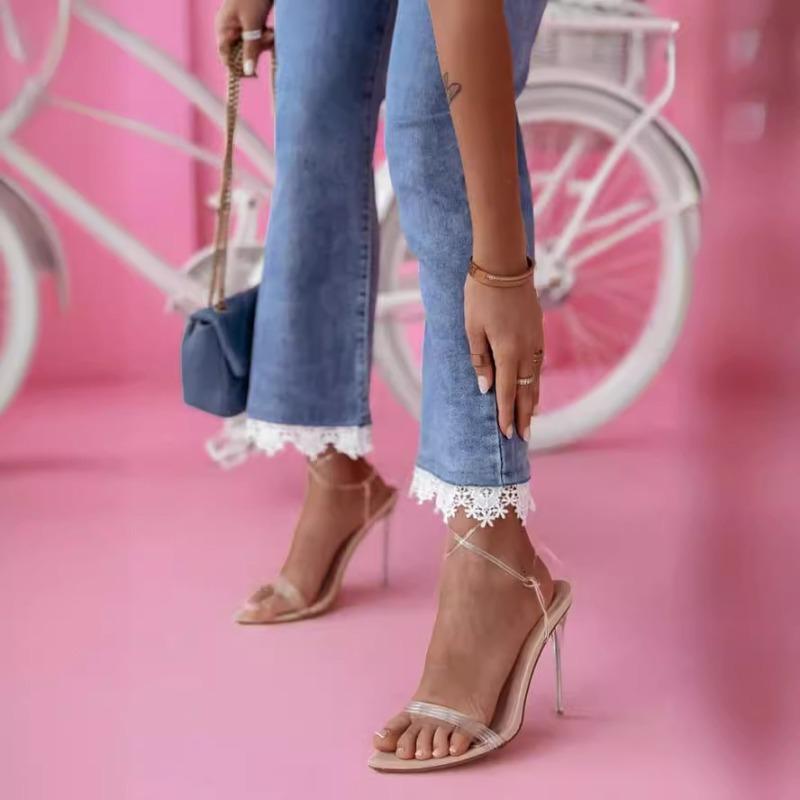 High-waisted slim-fitting jeans, women's small fresh trousers, lace trousers