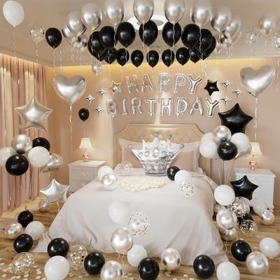 Schwarzes und Silbernes Valentinstags-Ballonset, Happy Birthday Aluminiumfolien-Sternenkrone Ballon Simulation Rosenblatt Bekenntnis
