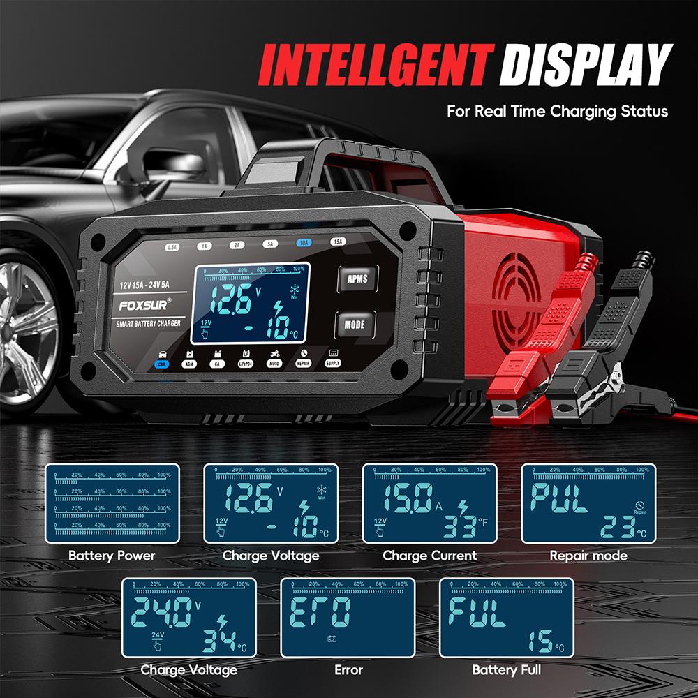 12/24V 15A Smart Battery Charger 10- Stage Charger Protect for LiFePo4 Wet Deep-Cycle Battery Usage
