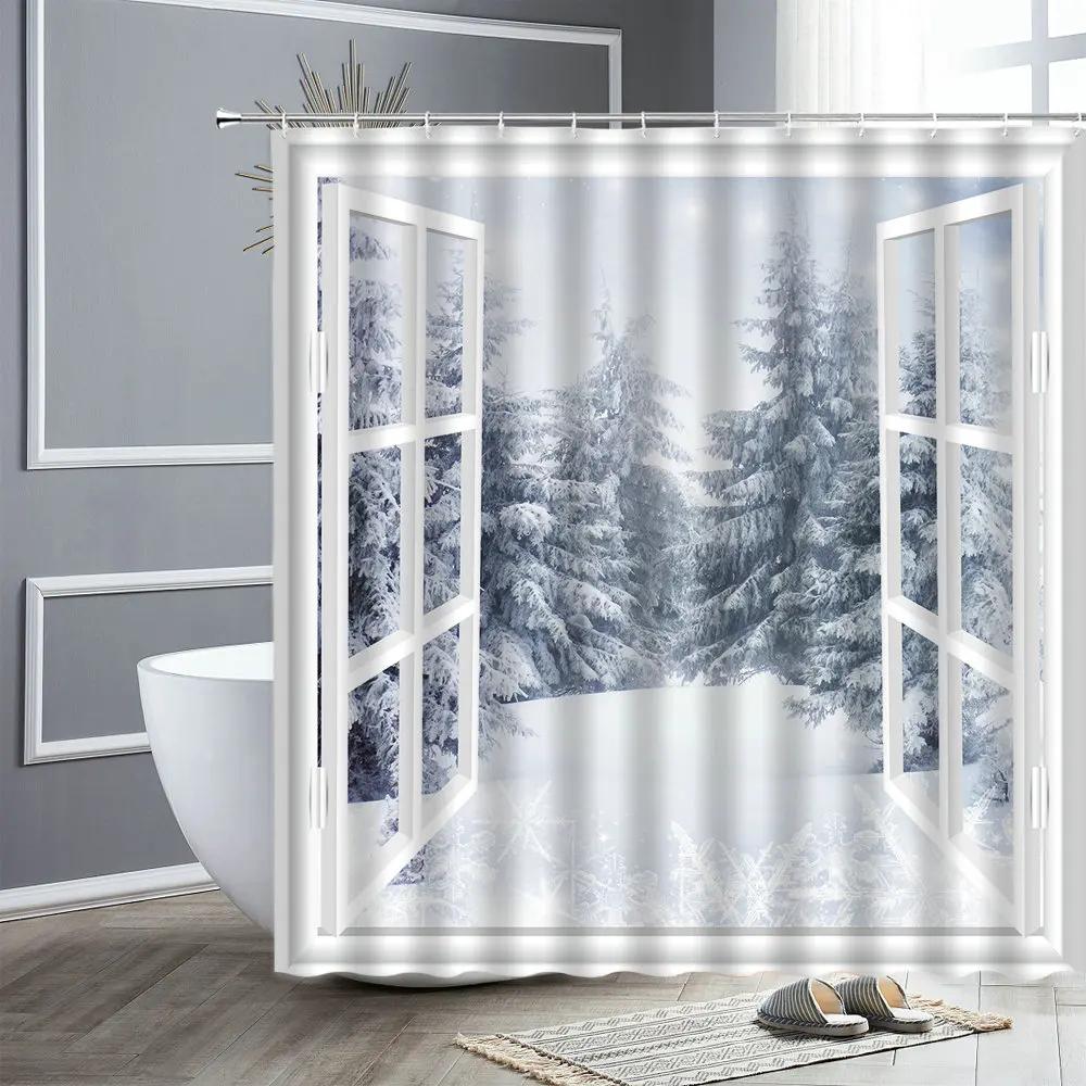 Winter Landscape Shower Curtain Outside The Window Cedar Snow Scene Bathroom Curtain Decor Waterproof Fabric Bathtub Screen