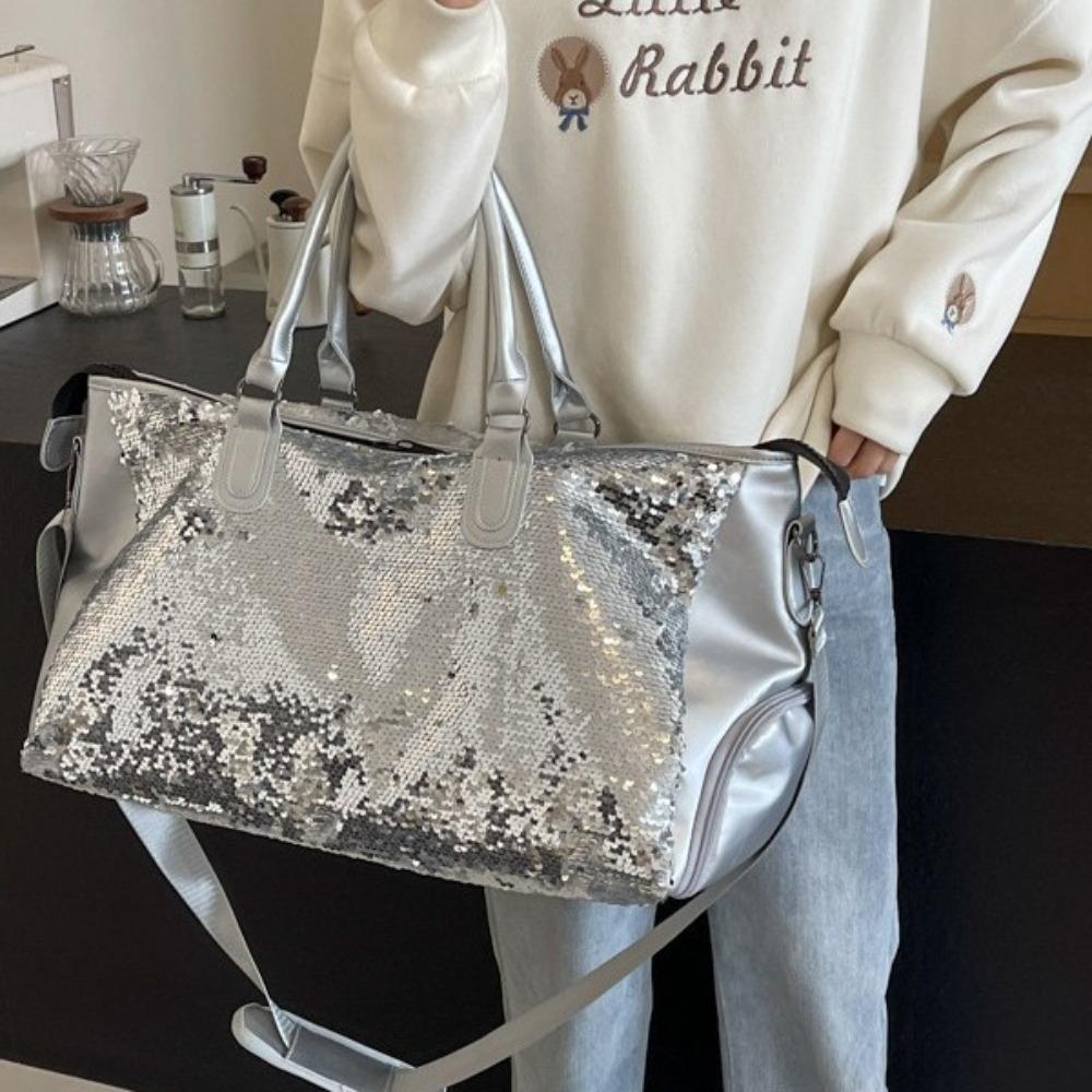 Schoolbag Women's Black New Sequined Travel Bag Fashion Lightweight Large-Capacity Handbag Sports Fitness Leisure Messenger Bag
