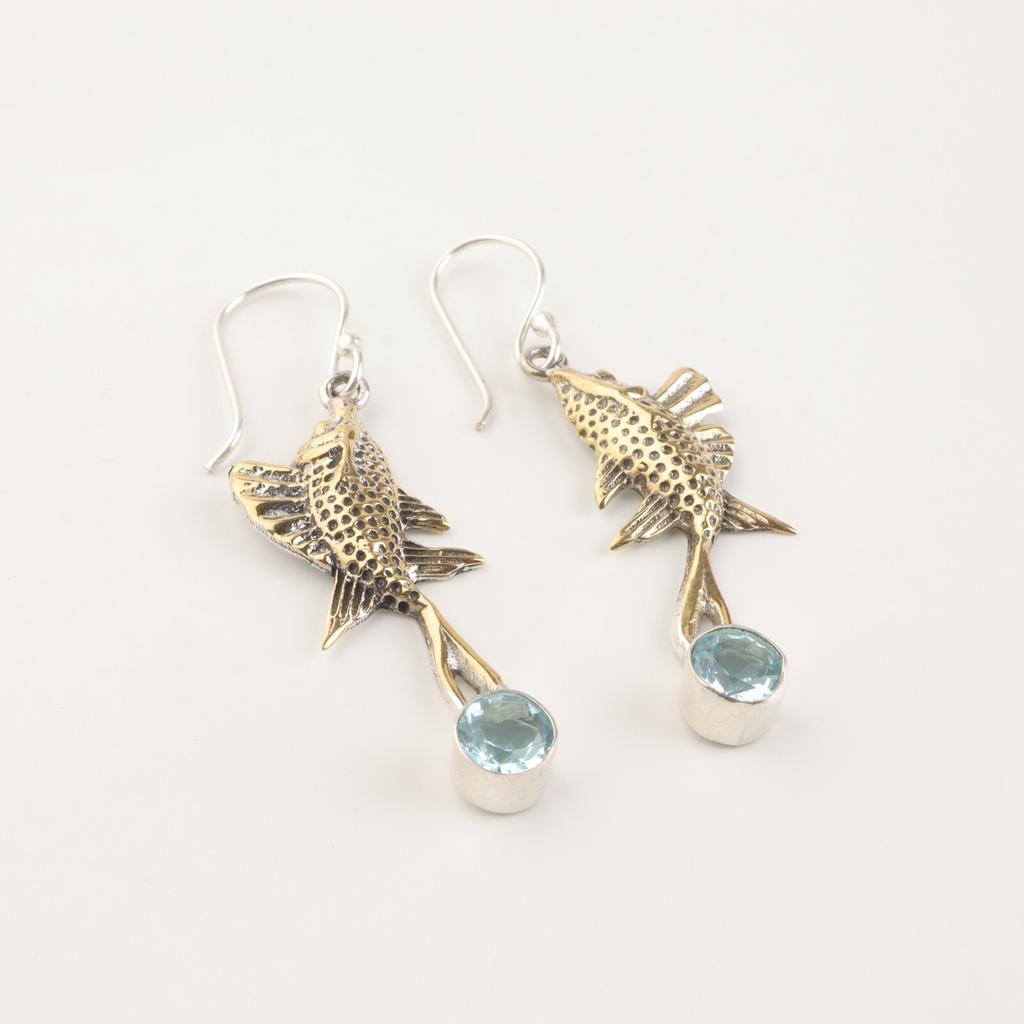 Natural Sky Blue Topaz Gemstone 925 Sterling Silver Handmade Hook Earrings 2.17" EE-148-2