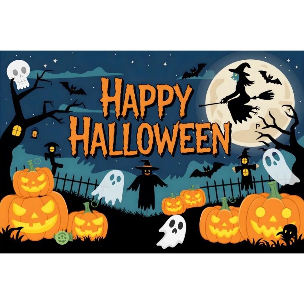 1pc Happy Halloween Party Backdrop with Moon Ghost Witch Scarecrow Pumpkin Bats Banner for Halloween Themed Party Decoration