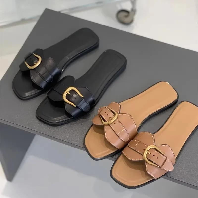 Flat Shoes Women's Summer New Square Toe Open Toe Metal Belt Buckle Soft Sole Non-Slip Low Heel Shoes