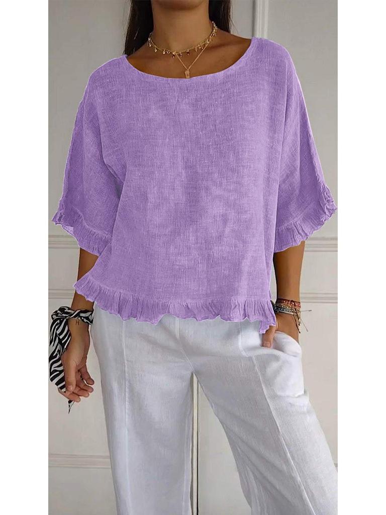 2025 Women's Loose Fit Short Sleeve Cotton Linen Shirt - Solid Color, Round Neck, European & American Style.
