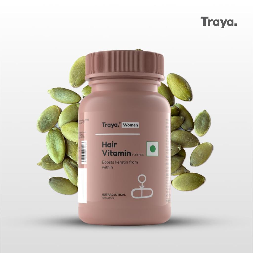 Traya Vitamine per Capelli per Lei | Integratori di Cheratina per la Crescita dei Capelli e il Controllo della Caduta dei Capelli | Contiene Biotina, Zinco, Ferro e Vitamina B12 | 30 Compresse