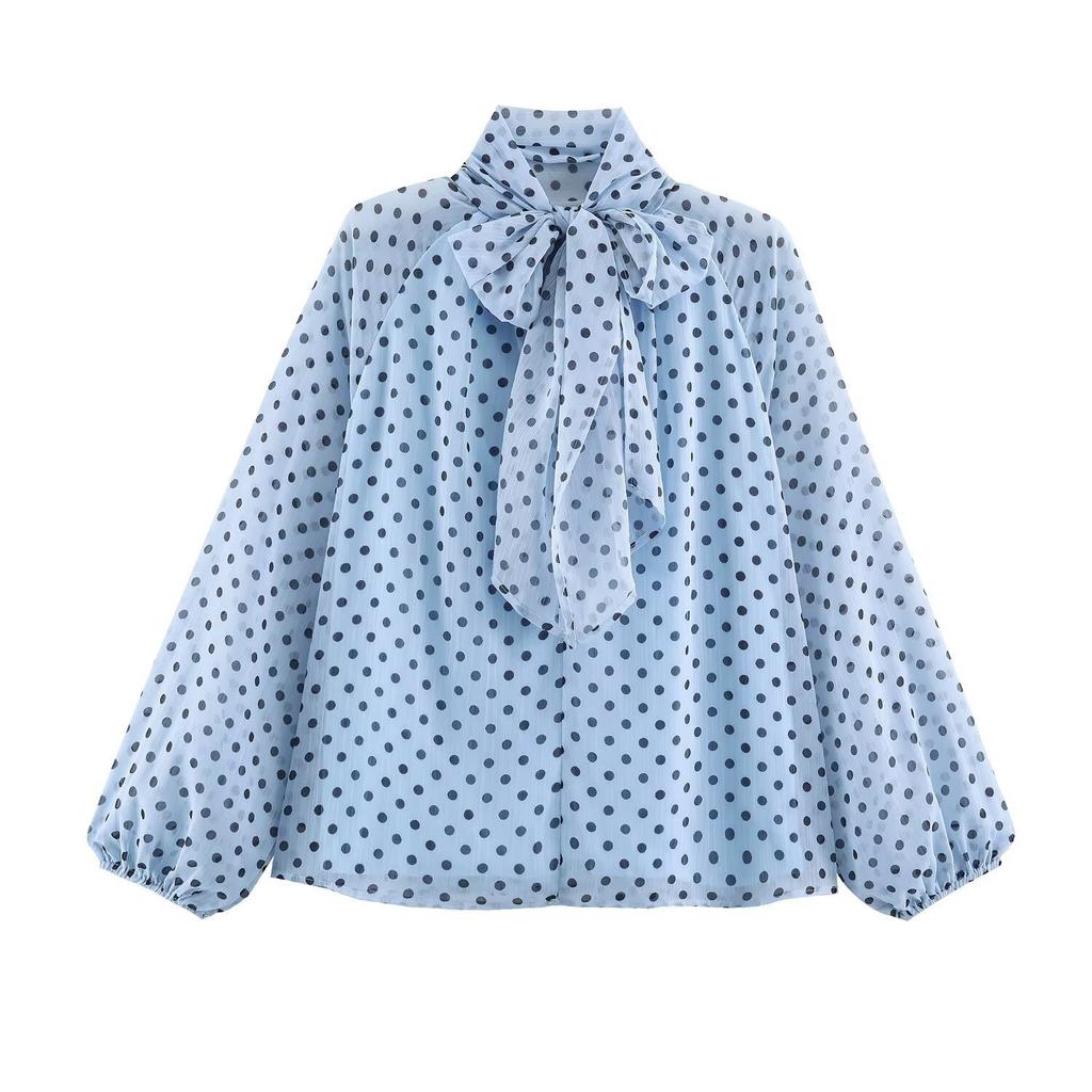 Elegant Women Korean Style Polka Dot Shirt Long Sleeve Bow Tie Collar Blouse Spring Autumn Loose Tops Fashion Sweet Simple Clothing