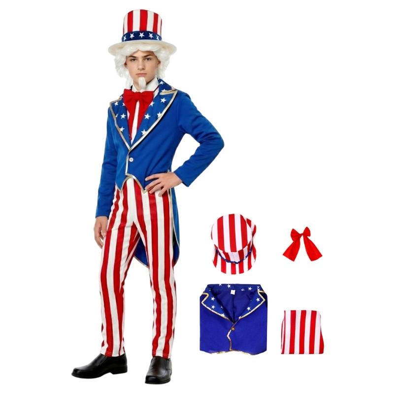 4Th July American Independence Day Costume Uncle Sams Costumes Cosplay Halloween Costumes Patriotic Top Hat Bowtie Jacket L