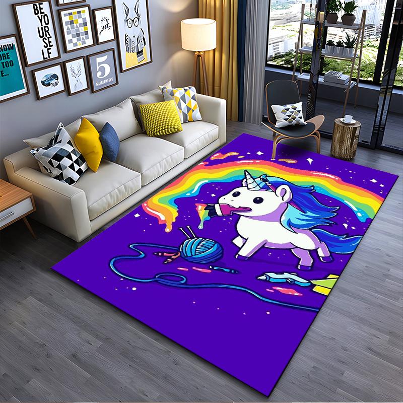 Colorful Unicorn with Rainbow Yarn Delight Non-slip rug suitable for living room and bedroom sofas.