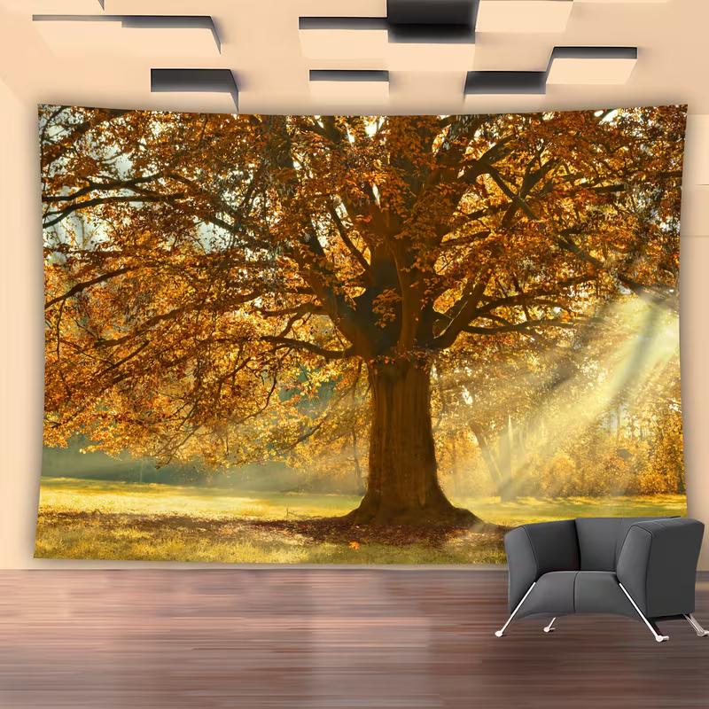 2D Enchanted Autumn Forest Tapestry Giant Oak with Sunlight Wall Hanging