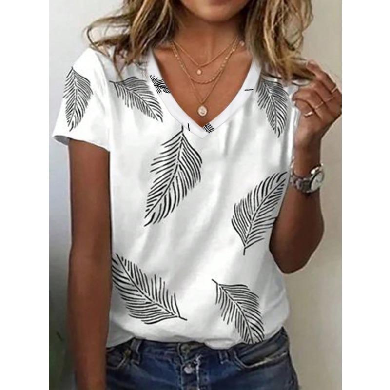 Casual V-neck leaf print women s T-shirt summer top XS