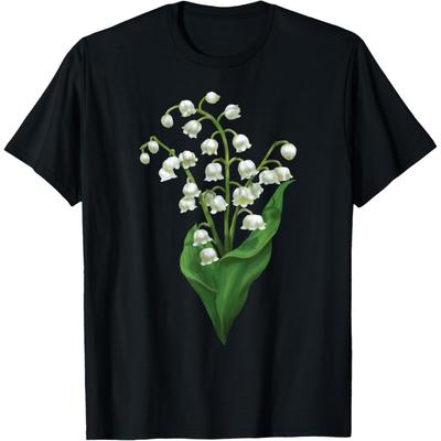Camiseta de Algodão Branca com Flor de Lírio-do-Vale da Primavera em Aquarela