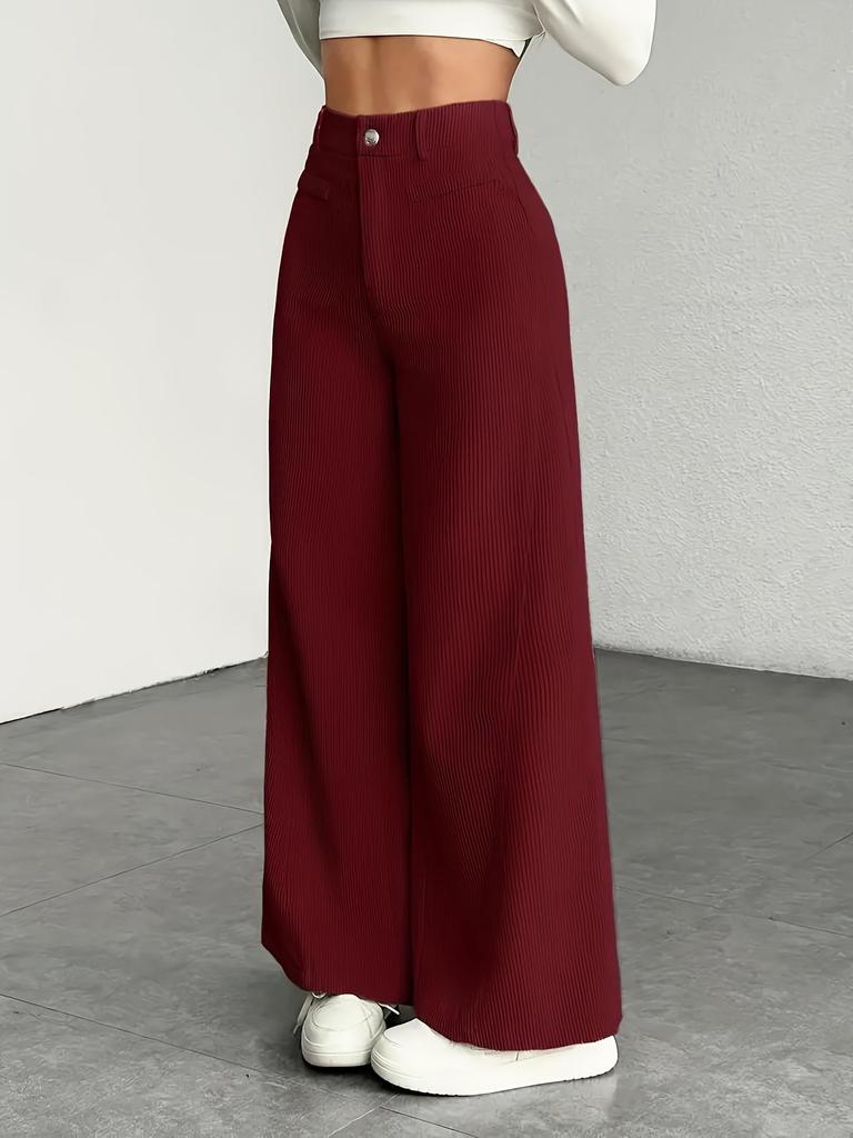 High Waist Corduroy Women's Wide Leg Pants - Casual, Loose, Floor-Length, Solid Color.