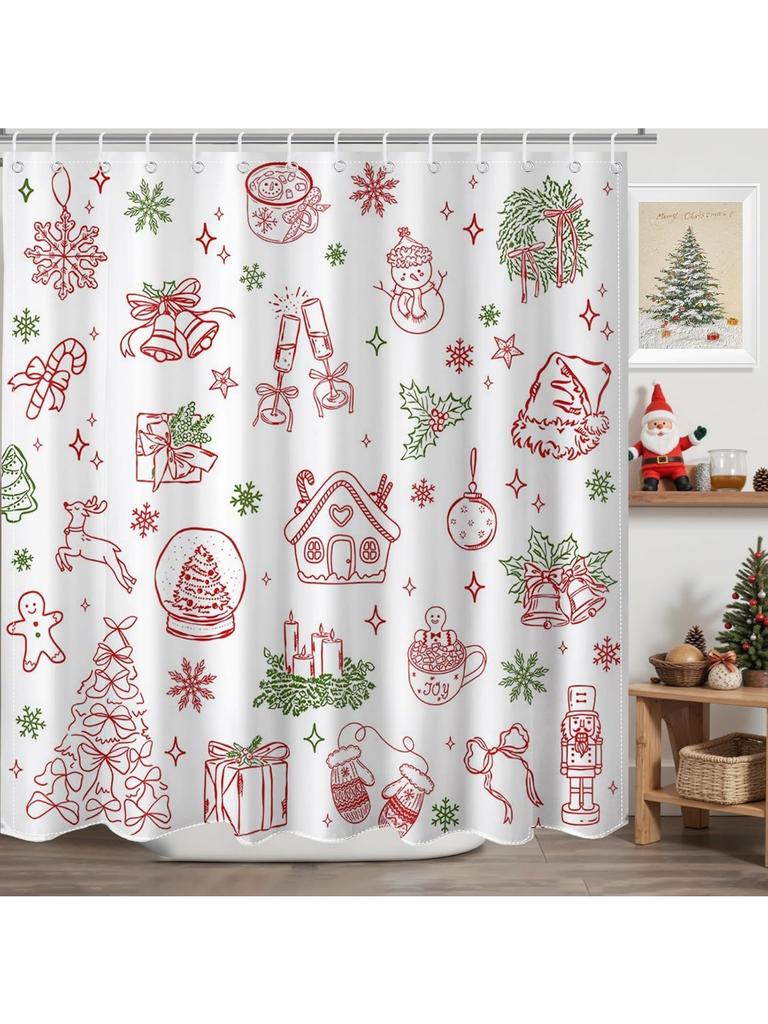 GAEChristmas Shower Curtain for Kids Cute Xmas Tree Candy Ball Snowman Gingerbread Man Shower Curtain for Christmas Bathroom D