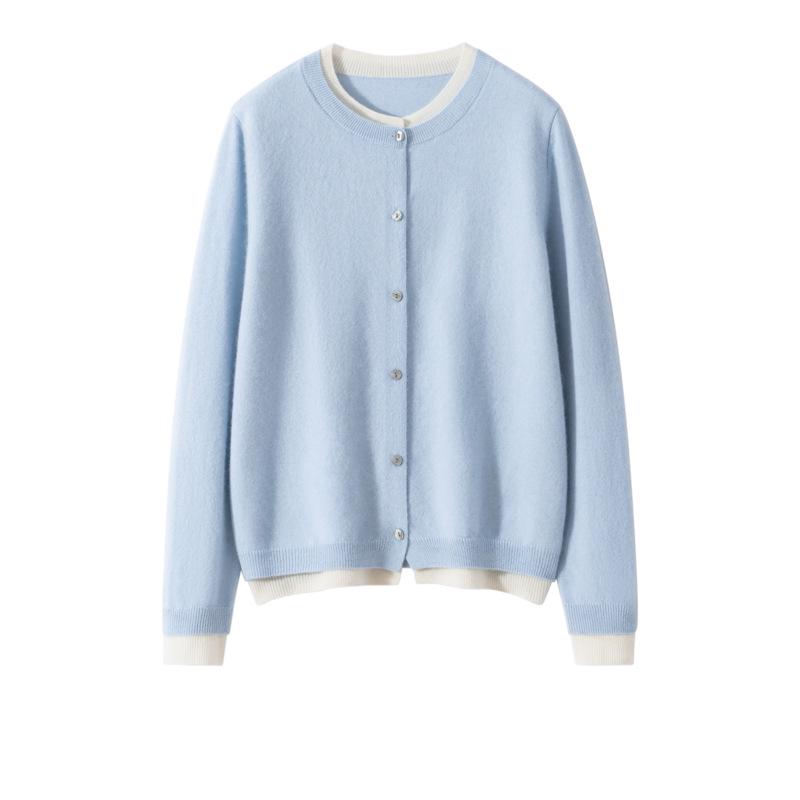 Women's Designer-Style Cashmere Cardigan: Round Neck, Color-Block, Faux Two-Piece Sweater
