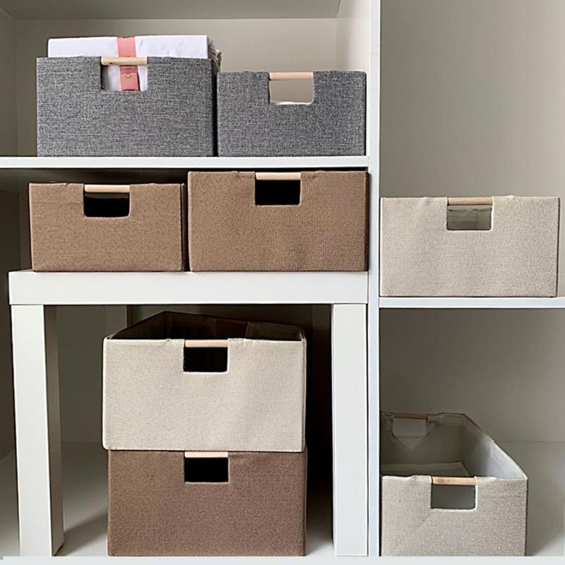 Sturdy Fabric Storage Bin With Reinforced Bottom Wooden Handles for Bedroom Office