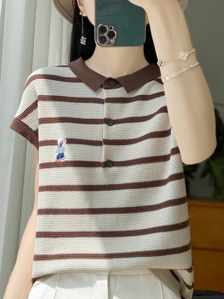 Women's 2024 Summer Ice Silk Striped Embroidered Polo T-Shirt