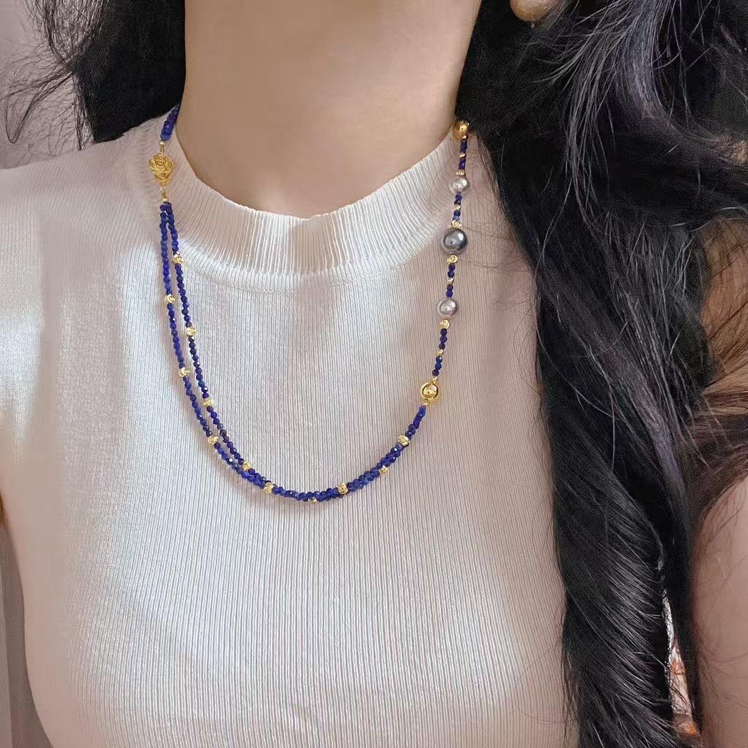 

Vintage High-Quality Natural Cut Lapis Lazuli Artificial Crystal Pearl Double-Layer Necklace Sweater Chain