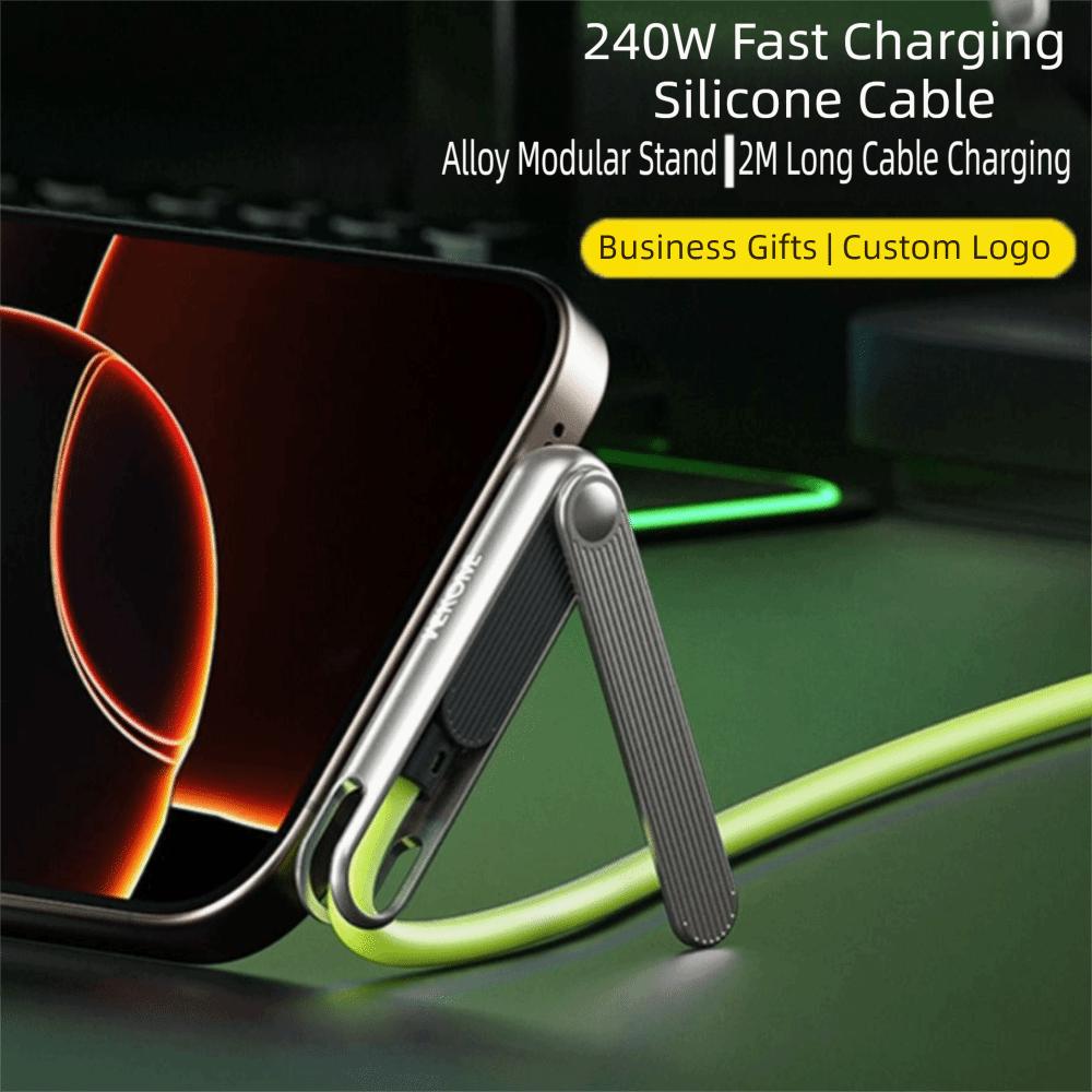 240W Foldable Phone Holder Data Cable Builtin Desk Bracket Multi-Angle Adjustment Fast Charging Data Cable 3-in-1 Data Wire