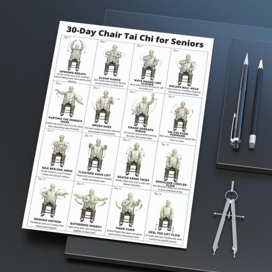 2 Stück Stuhl Tai Chi Trainingsplan 30 Tage Anfänger Senioren Sitzende Übung Poster Leinwand Wandkunst Heim-Fitnessstudio Wohnzimmer Dekoration