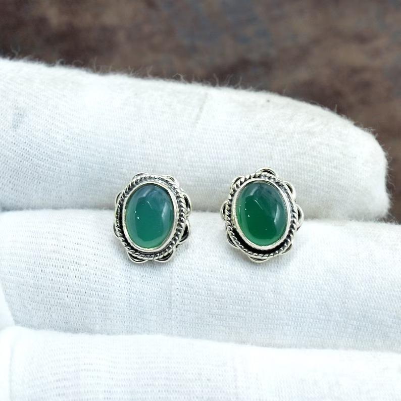 Green Onyx Gemstone Designer Stud, Gift For Her, Handmade Stud, Small Stud, 925 Sterling Silver, Birthday Gift