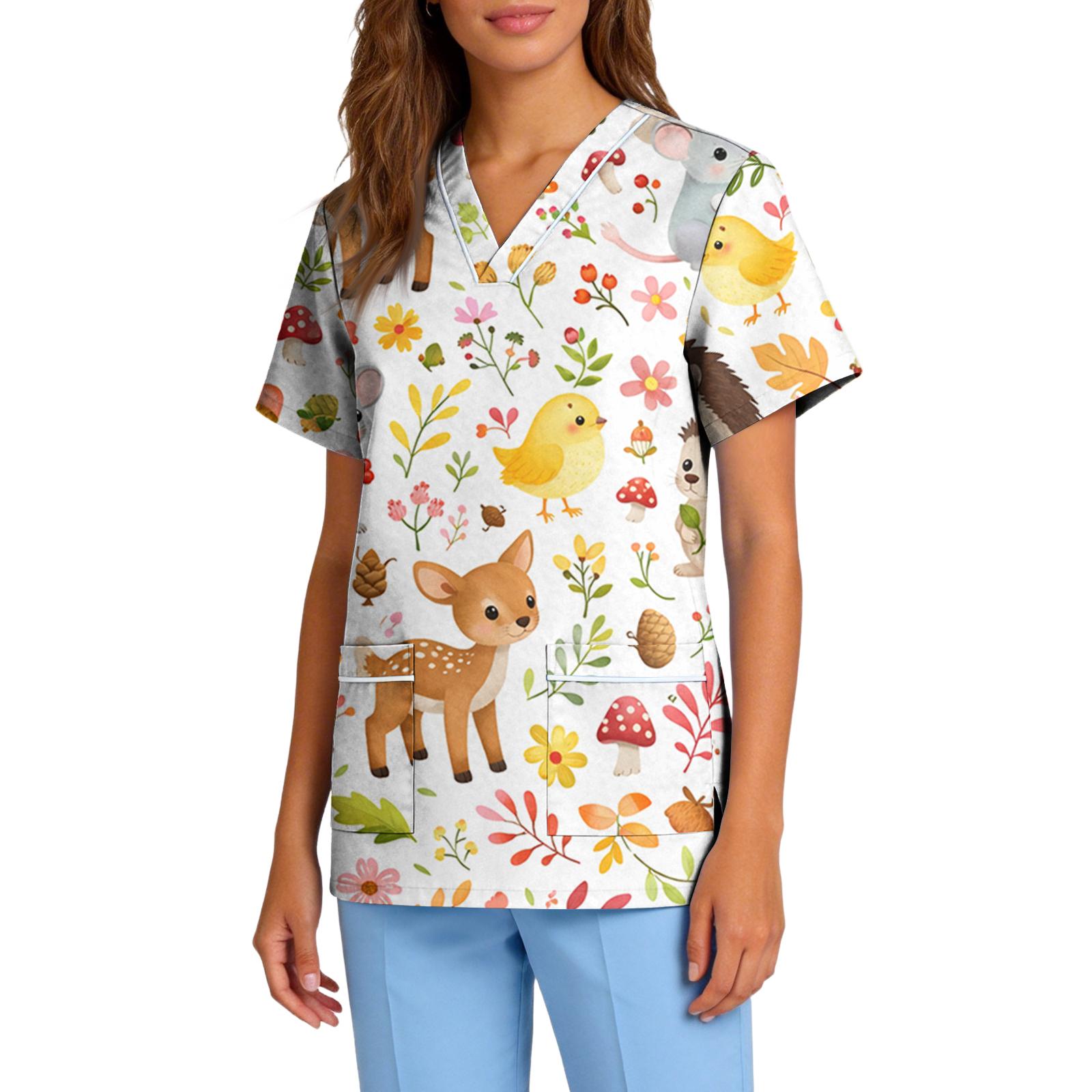 

Women s Stretch Quick-Dry V-Neck Short Sleeve Workwear Top with Animal Print & Pockets L кофейный