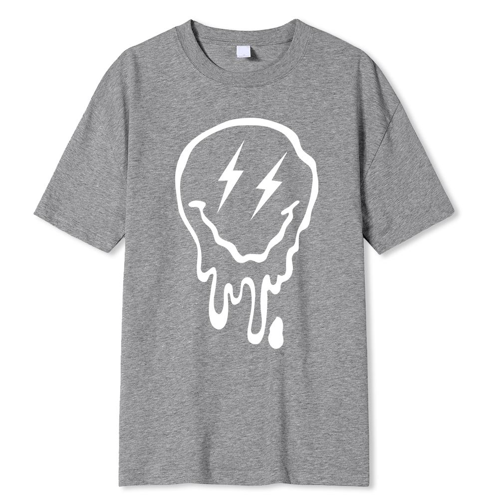 Top z nadrukiem topiącej się uśmiechniętej buzi, męski, oddychający, casualowy, luźny, oversize, bawełniany, z okrągłym dekoltem, bawełniana odzież