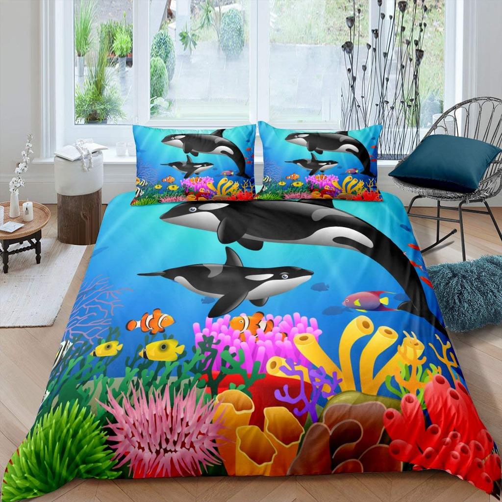 Whales King Queen Duvet Cover Ocean Animal Bedding Set Seaweed Starfish Marine Life Quilt Cover Blue Polyester Comforter Cover