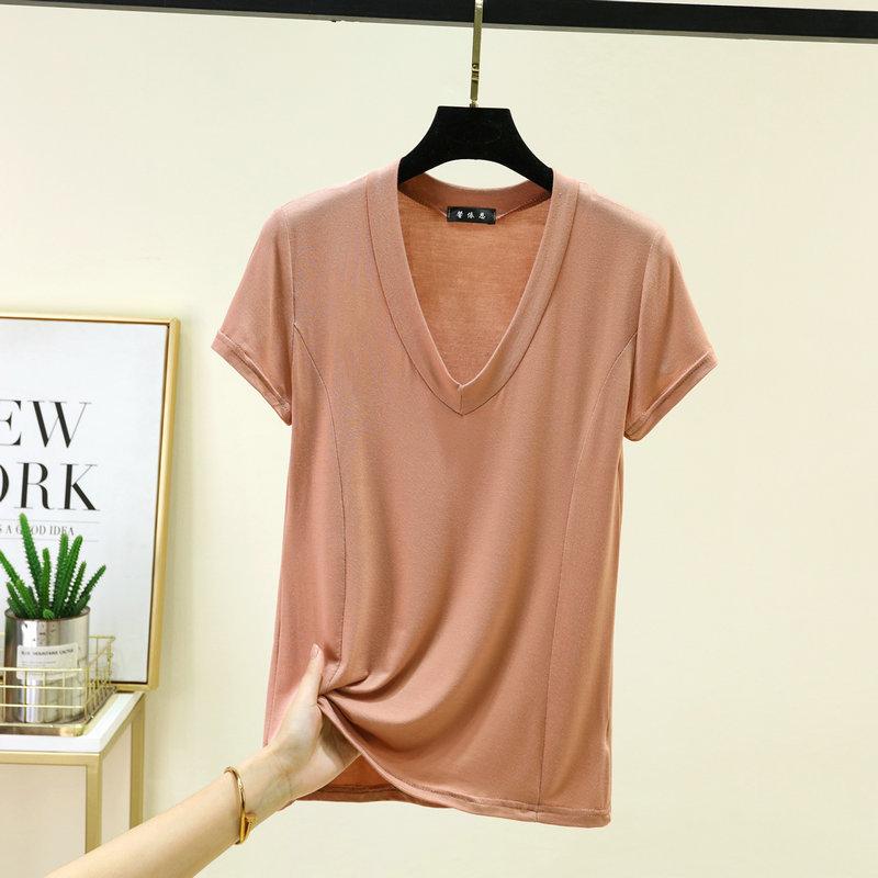 Plus size L to 6XL Modal V-Neck T-shirt Short sleeved Tees Women Ultra-thin Layering Top solid color base layer tops