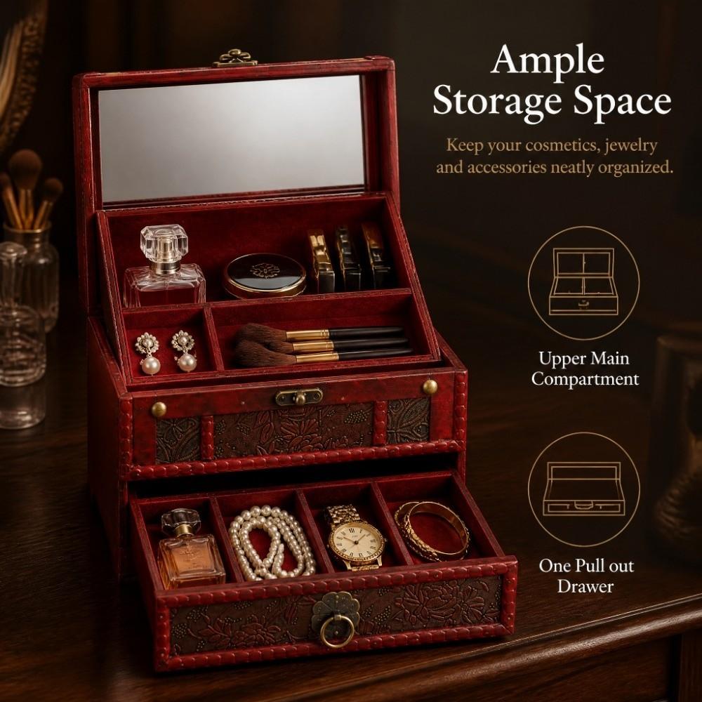 Divided Compartment Wooden Jewelry Box Built in Mirror Drawer Jewelry Box Desktop Organization