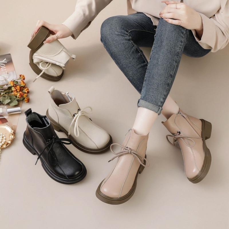 2025 Autumn Early Winter Genuine Leather Shoes Women Ankle Boots Soft Fashion Brand Ladies Party Shoes Plus Size 41 Beige Black