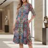 Abito Casual da Donna alla Moda con Scollo Rotondo, Manica a Tre Quarti, Stampa Floreale, Lunghezza Media, Adatto per l'Uso Quotidiano e Varie Occasioni