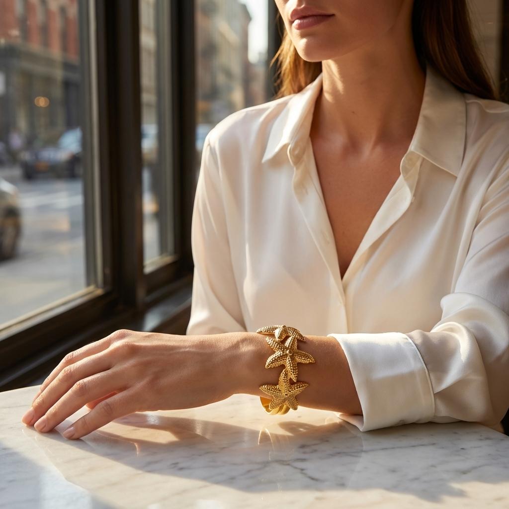 Mermaidcore Aesthetic Chunky Gold Color Starfish Bangle for Women Textured Metal Wide Open Bracelet Summer Beach Jewelry