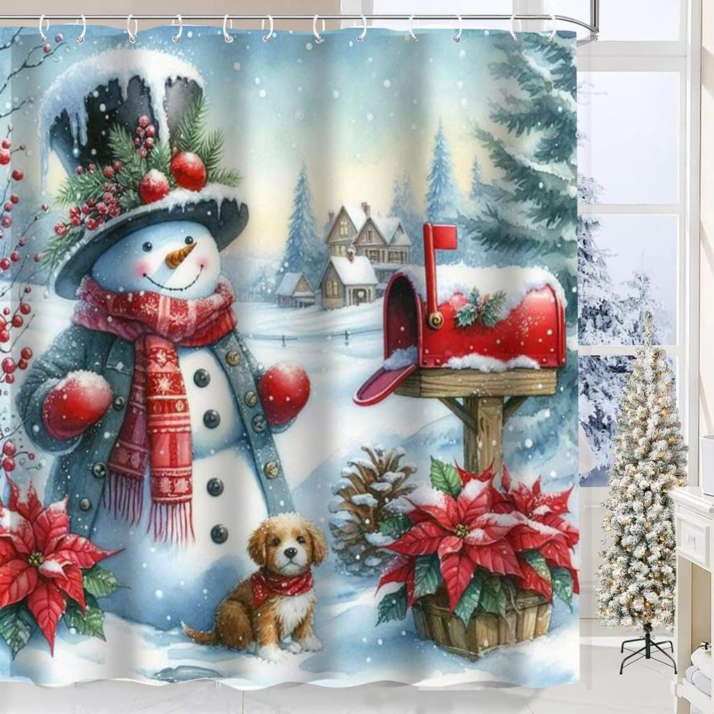 Christmas Festival decorations Snowman Pattern Bathroom Shower Curtain With 12  Hooks Home bathroom decor and accessories