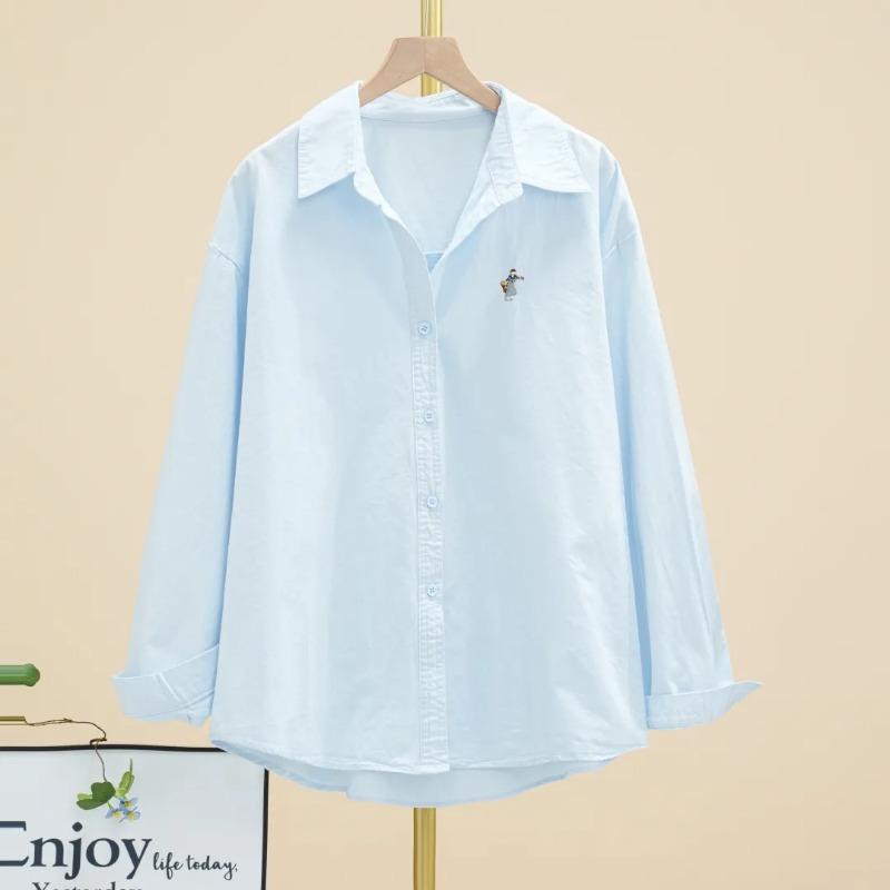 Women Spring Long Sleeve Embroidered Button Down Shirt Casual Loose Fit S