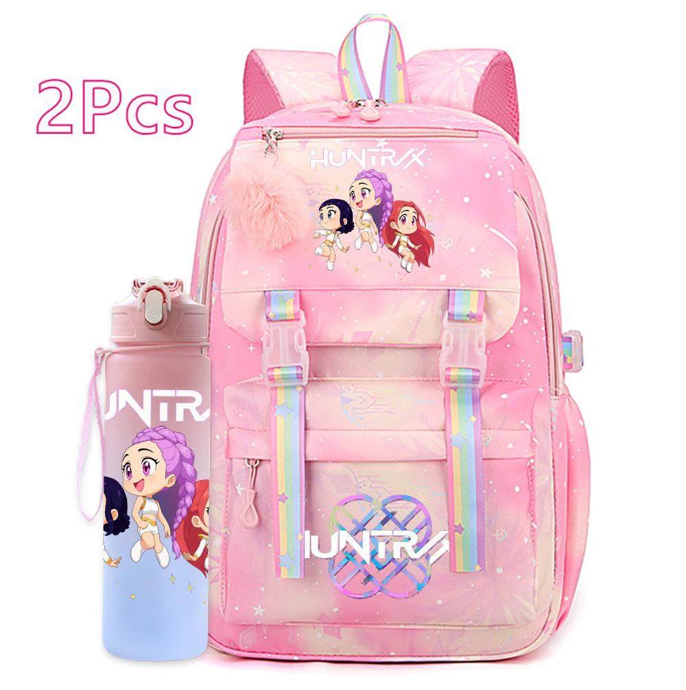 2Pcs/set Cute K-Pop Demon Hunters Printed Backpack with 750Ml Water Bottler for Teenager Student Girl Boy Large Capacity Waterproof Bookbag Travel Bag