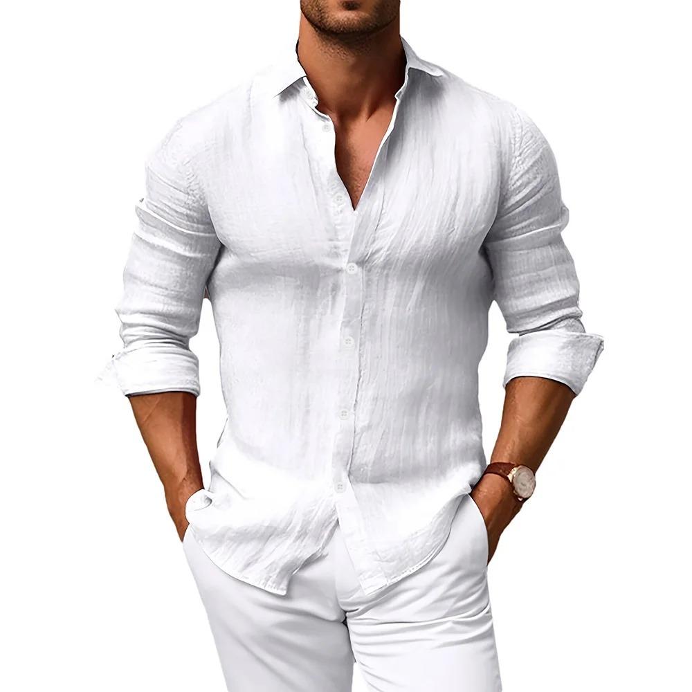 Camisa de Linho Leve de Verão com Manga Longa para Homem - Tops Casuais Respiráveis com Botões em Cores Sólidas