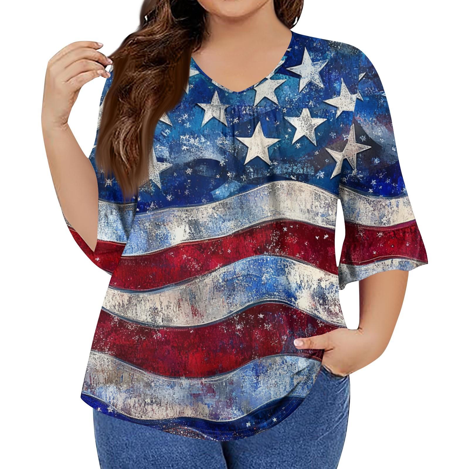 

Женская мода повседневная футболка с V-образным вырезом, рукавами-семью, оборками, принтом «День независимости», топы, женские топы больших размеров XXXXL