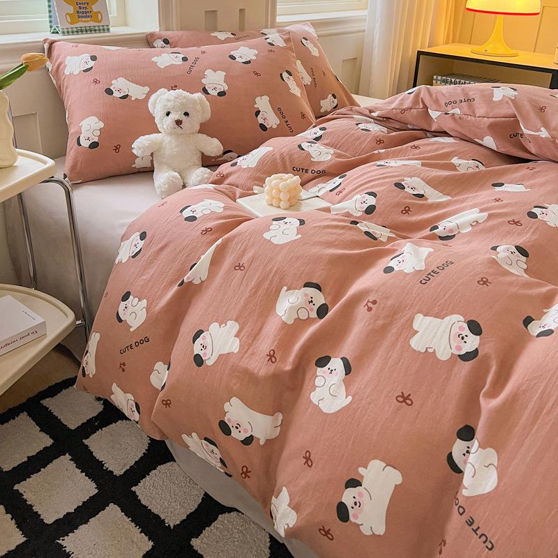 Small Clear Four-piece Set of Washed Cotton Sheets, Quilt Cover Three-piece Set of Bedding
