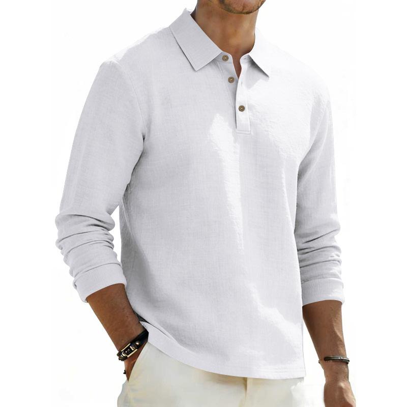 Spring Loose-Fit Solid-Colour Collared Casual Business Men's Long-Sleeved Linen Polo Shirt