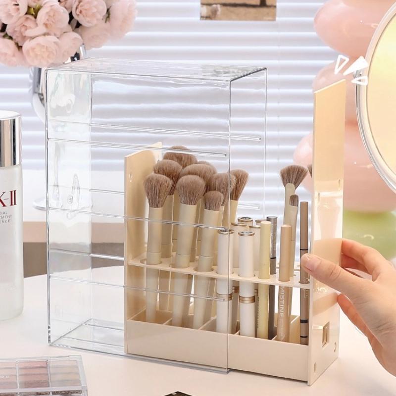 Makeup Brush Storage Box Lipstick Holder Divided Eyebrow Pencil Storage Rack Big Capacity Dustproof Dressing Table Brush Holder
