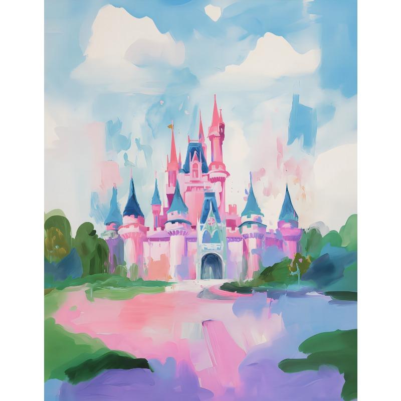 

Мечтательный розовый замок принцессы Пейзаж Радужное голубое небо Облака Цветы Постер Холст Картина Настенное искусство Картинки Домашний декор 21cm×30cm NoFrame