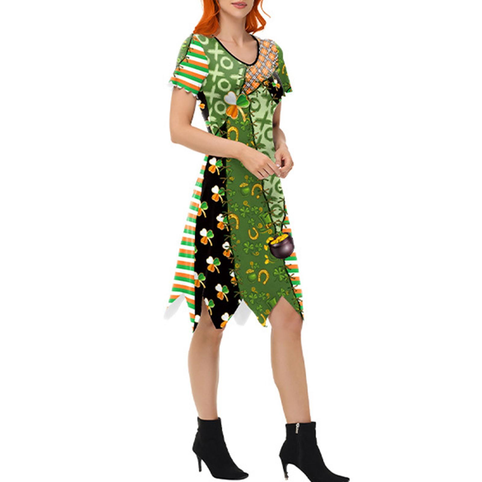 

улица. Наряд на День Святого Патрика, платье-халат с V-образным вырезом, принт с листьями, ирландское праздничное платье L зелёный