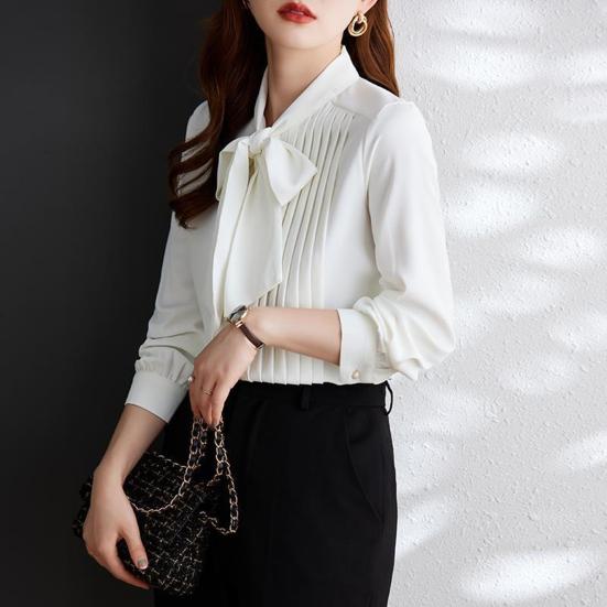 Women Shirt Stand Collar Lace-up Bowknot Long Sleeve Pleated Pullover Tops Solid
